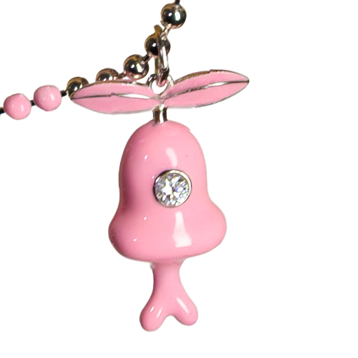 Veevee Mochi enamel pendant on a sterling silver ball chain, pink glossy creature charm