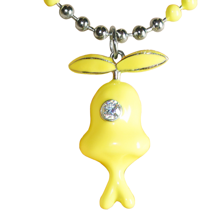Veevee Yuzu enamel pendant on a sterling silver ball chain, yellow glossy creature charm